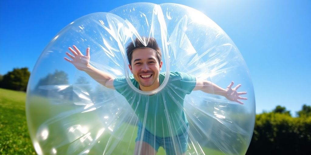 Man in a bubble suit bouncing happily outdoors.