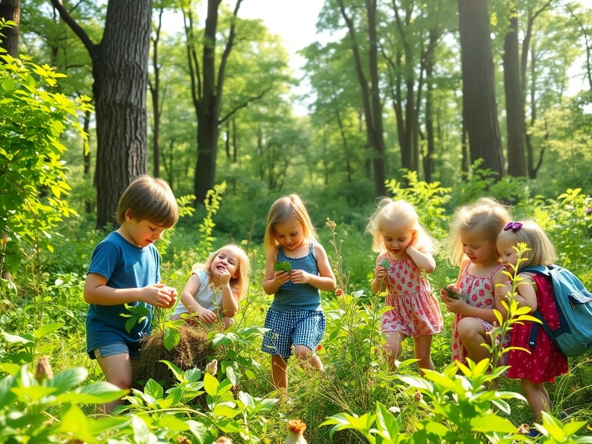 Copii explorând natura într-o pădure verde.