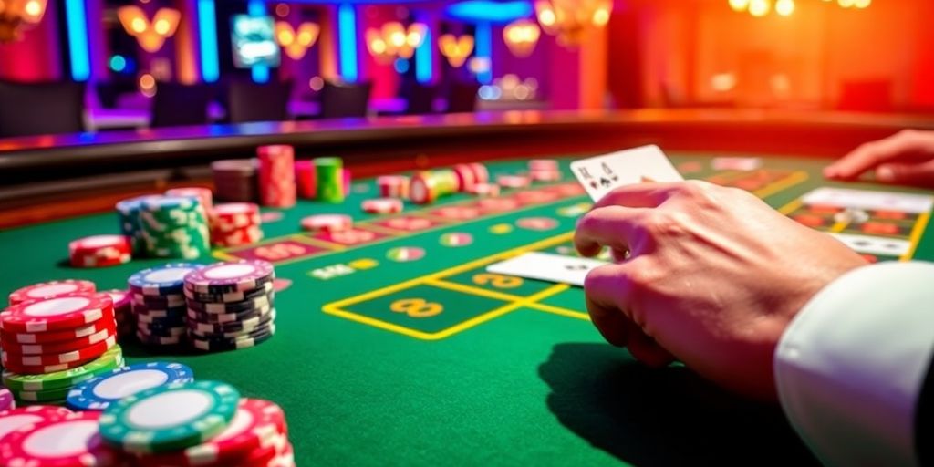 Een casino tafel met kleurrijke fiches en kaarten.