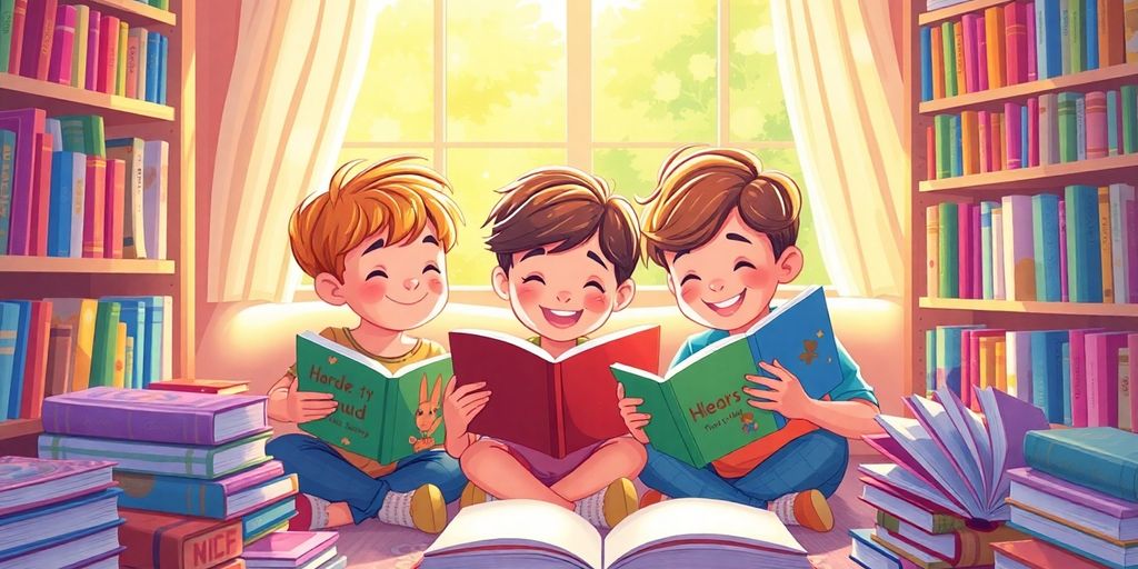 Children reading stories together in a cozy room.