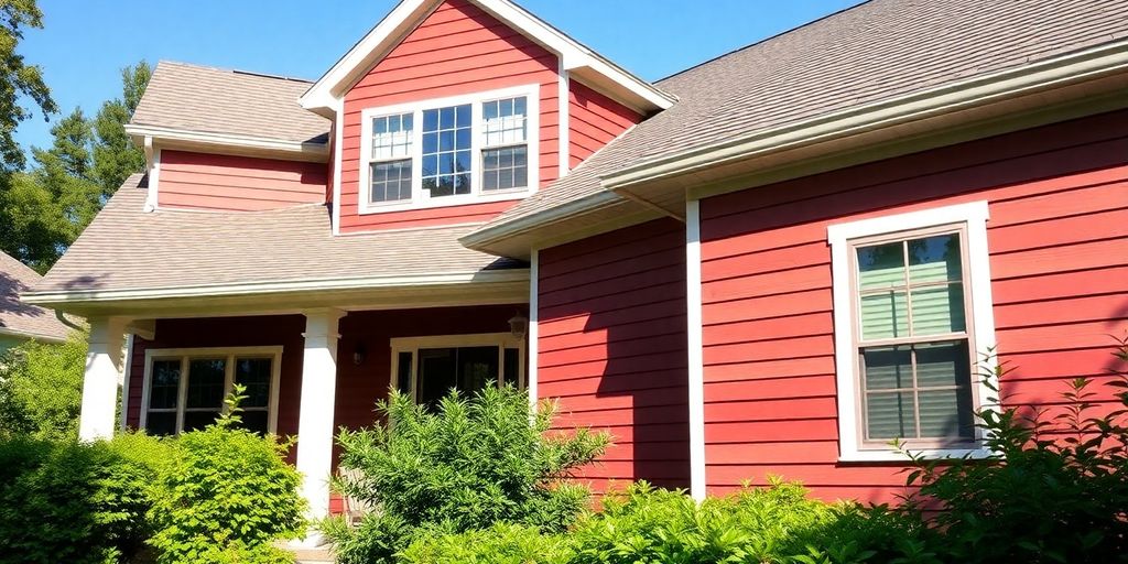House with new colorful siding and green surroundings.