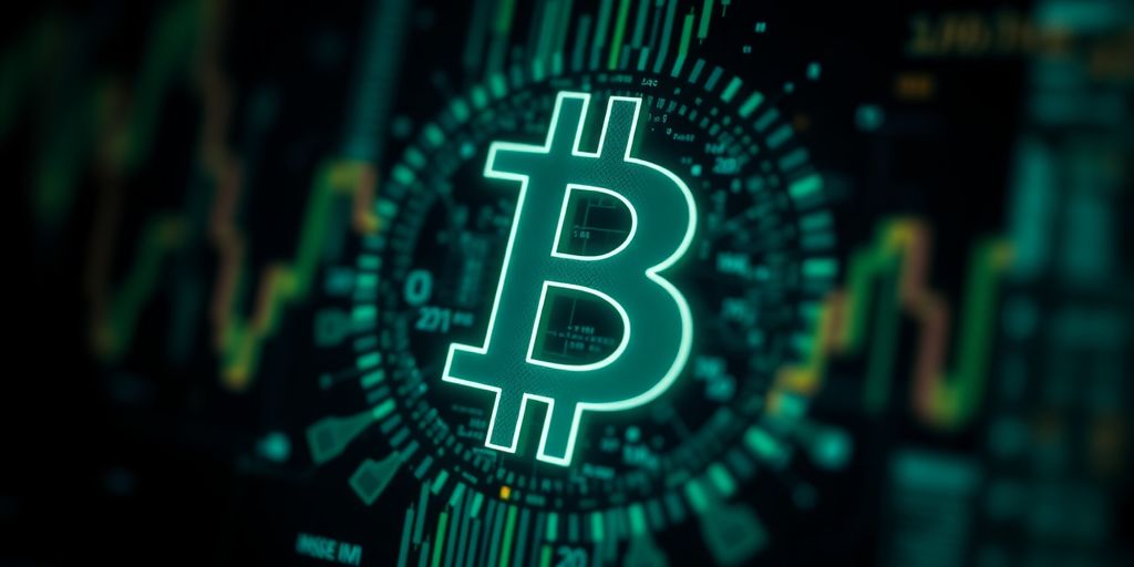 Digital currency symbol on a blurred dark background.