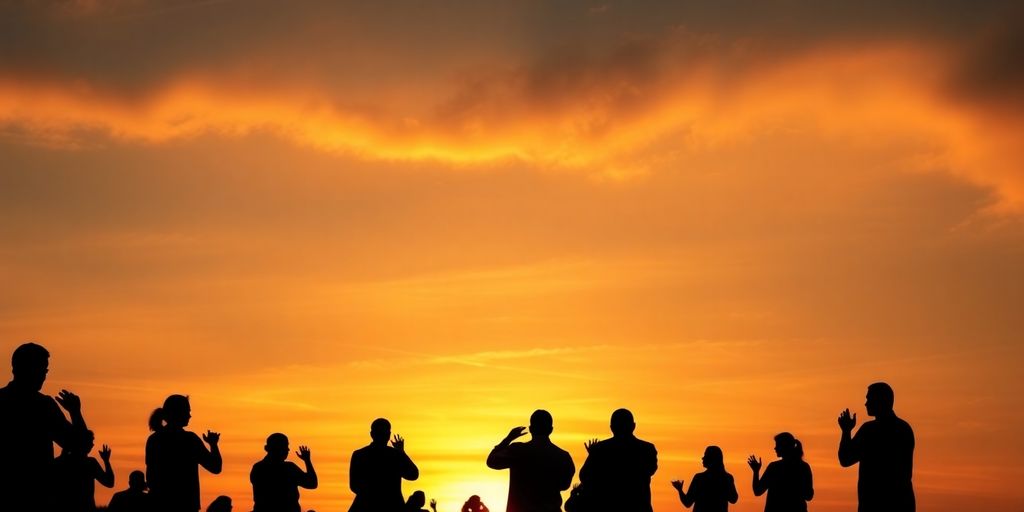 Silhouettes of people praying at sunset over a landscape.