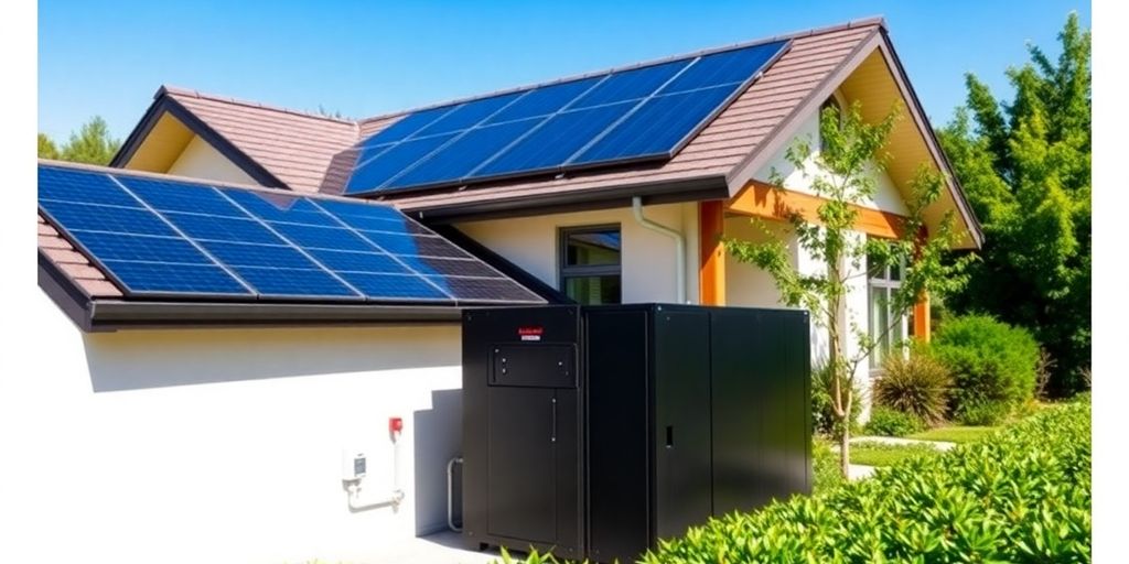 Rooftop solar panels with battery storage unit beside a house.