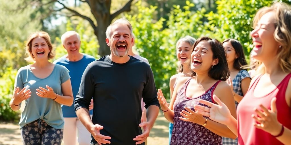 Een groep beginners die lachyoga beoefenen in de natuur.