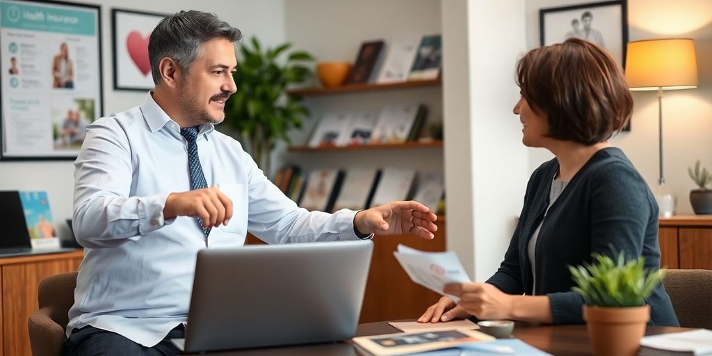 Insurance broker consulting client about health insurance options.