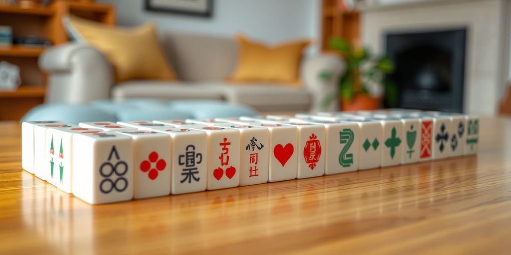 Various sized Mahjong tiles on a wooden table.