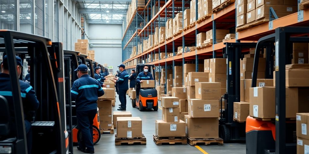 Peak Season in der Logistik: Wie Zeitarbeit Engpässe abfedert Logistiklager mit Arbeitern und modernen Lagereinrichtungen.