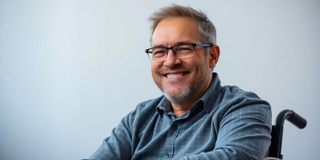 Barry Corbet smiles while sitting in his wheelchair.