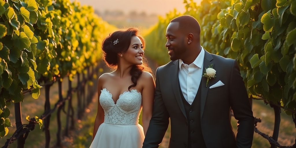 Glückliches Paar hält Händchen in einem französischen Weinberg.