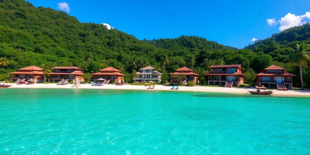 Scenic Samui beach with luxury villas in view.