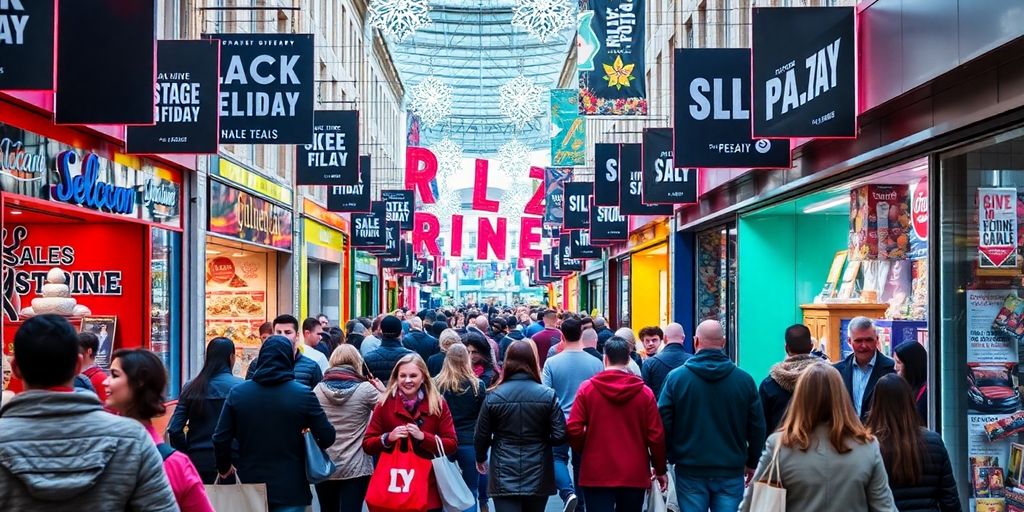 Rua movimentada com compradores na Black Friday.