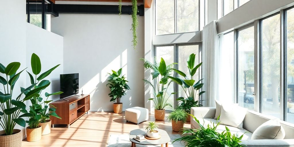 Eco-friendly apartment with natural light and green plants.