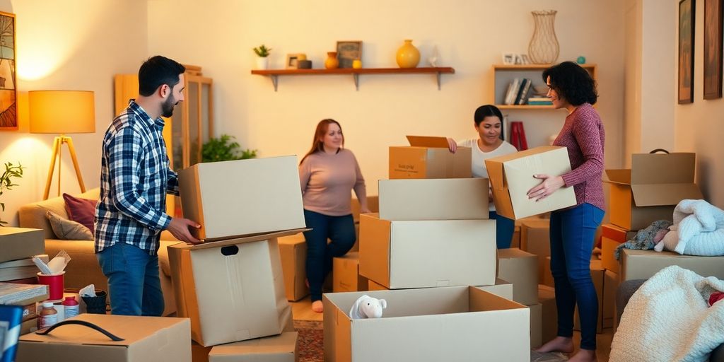 Family packing boxes for a home move.