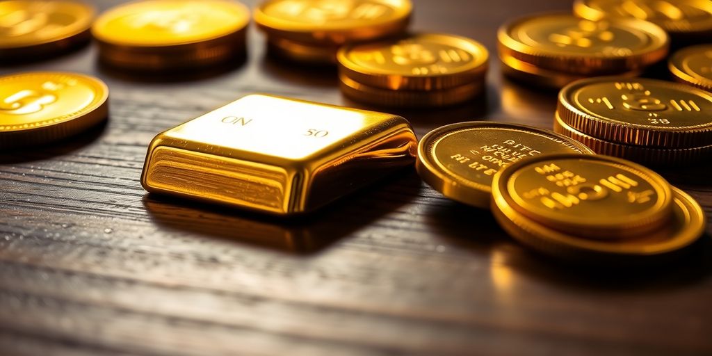 Barres et pièces d’or sur une surface en bois.