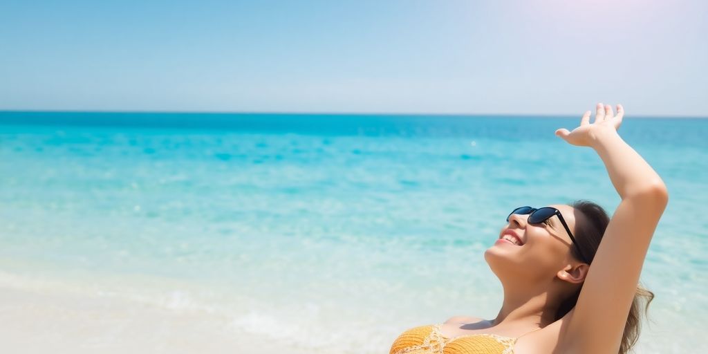 Person relaxing on a beach, looking refreshed.