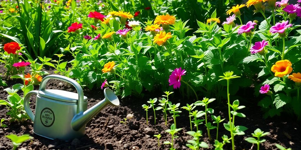 Ein üppiger, grüner Garten mit blühenden Pflanzen.