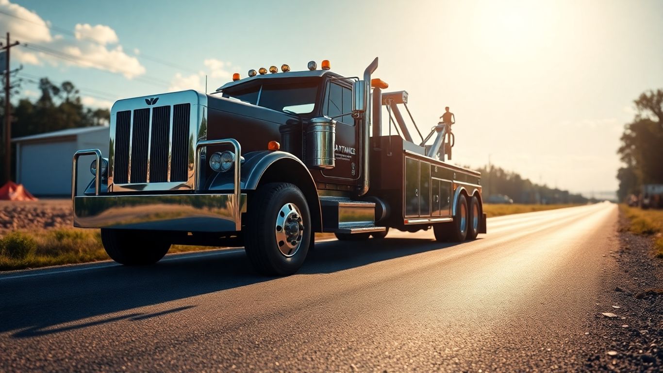 Hyper-realistic tow truck on a sunny road.