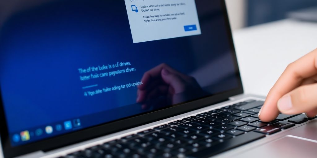 Mão ajustando laptop com notificação de atualização.