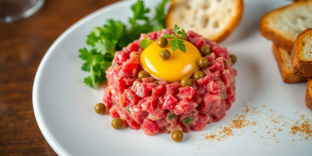 Plate of steak tartare with herbs and egg yolk.