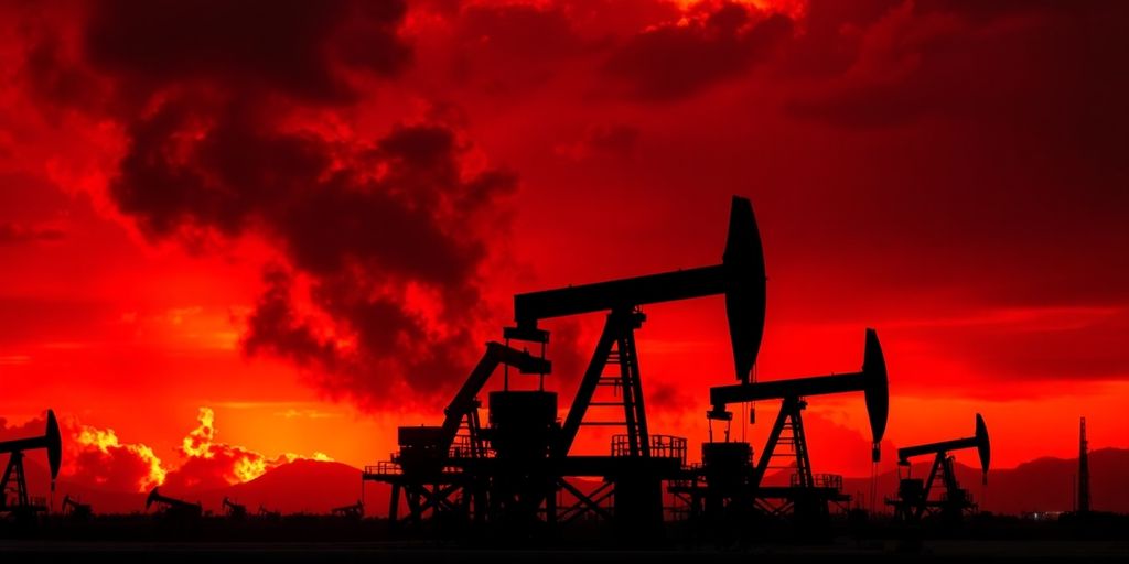 Oil rigs silhouetted against a fiery sky