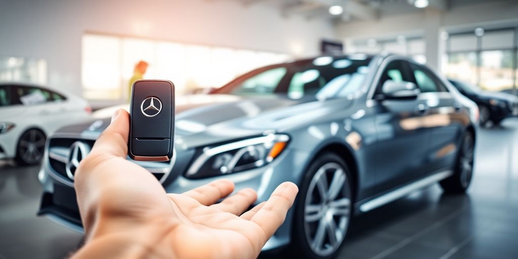 Mercedes car with hand holding key fob