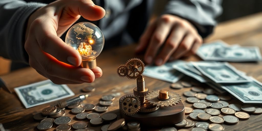 Inventor's hands, globe, gears, money.