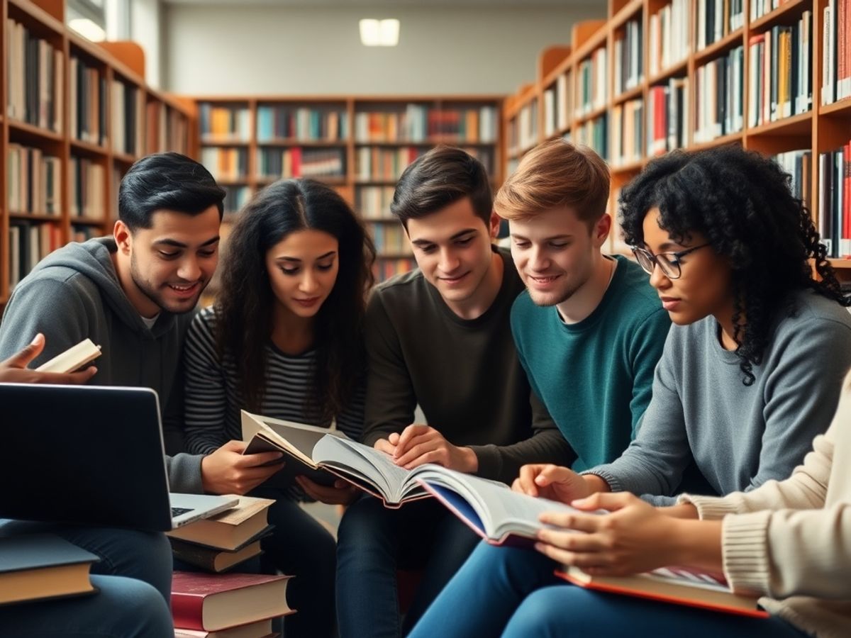 Students collaborating on academic work in a library.