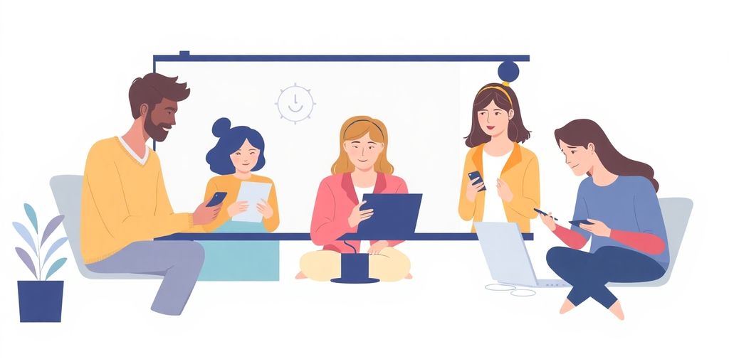 Moderne illustrasjon av team som samarbeider eksternt.