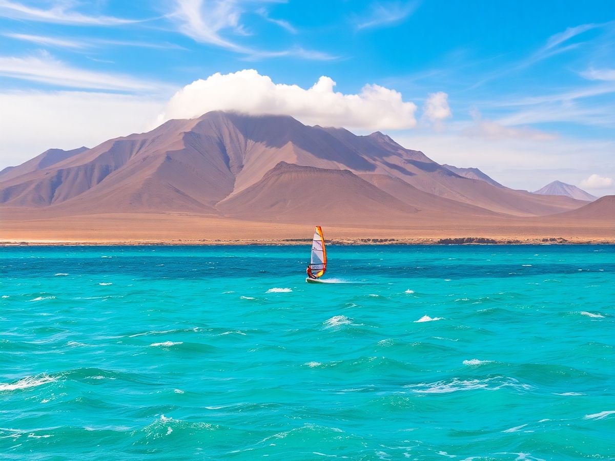 Windsurfer on turquoise water with volcanic hills.