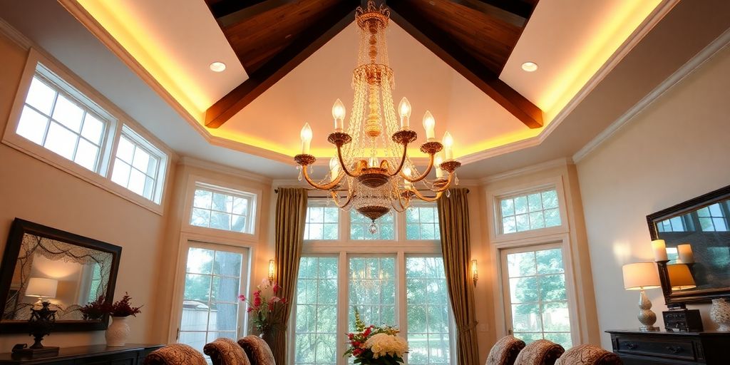Elegant chandelier in a vaulted ceiling dining room.