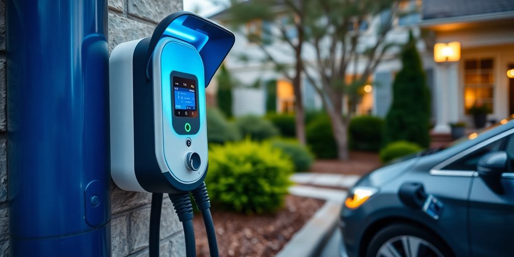 Electric vehicle charging station at a residential location.