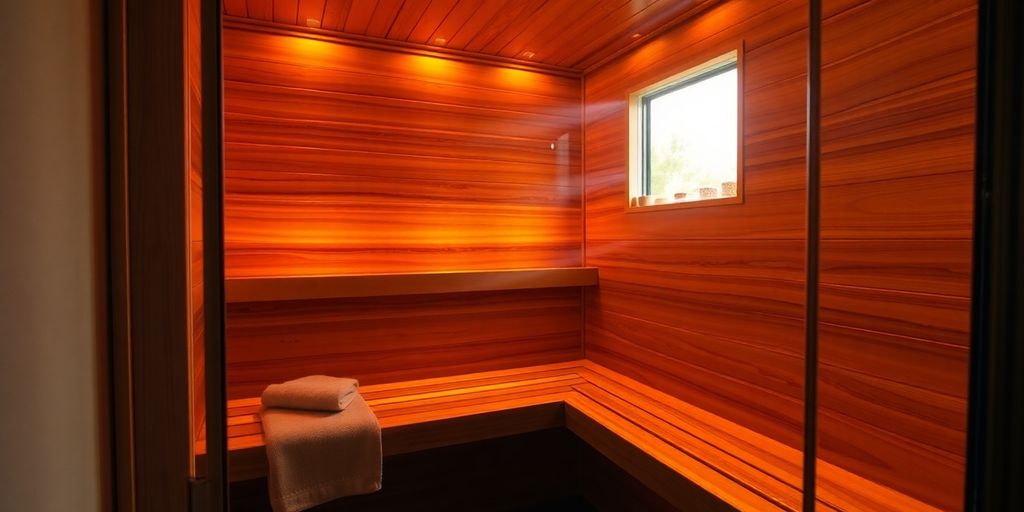 Cozy home sauna interior, warm light.