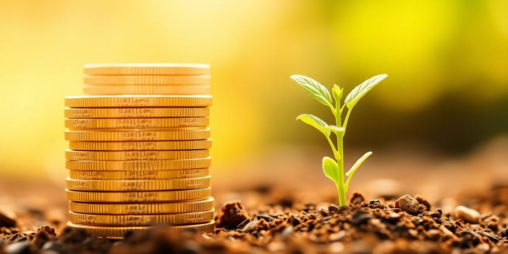Golden coins, thriving plant, clear financial growth.