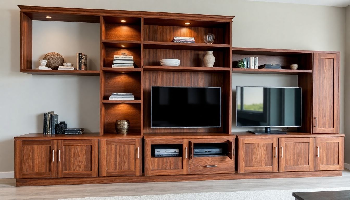 Elegant wooden media unit with open shelves and decor.