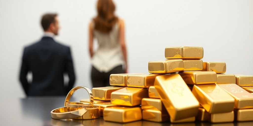 Lingots d'or, anneaux de mariage, couple divorcé.