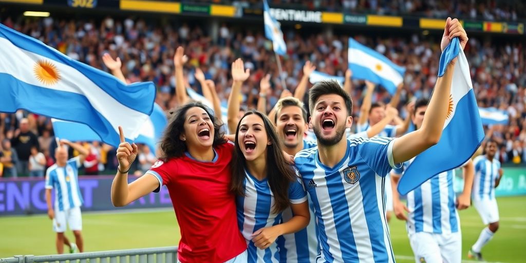 Passionate Argentine soccer fans celebrating a goal.