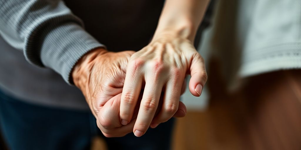 Older man and younger woman holding hands.