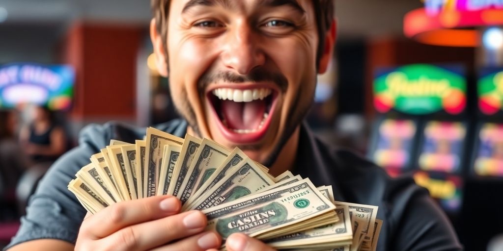 Person happily holding a large stack of cash.