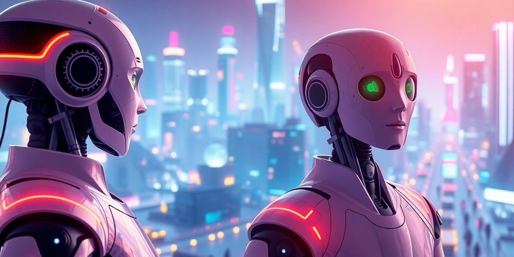Futuristic city with advanced AI technology and robots.