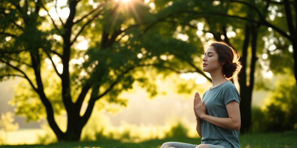 Person meditating peacefully in a tranquil outdoor setting.