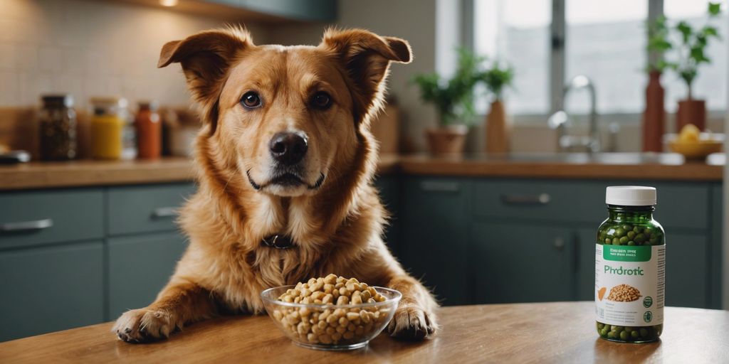 Happy dog with shiny coat next to food bowl and probiotic supplement, highlighting benefits of probiotics for dogs.