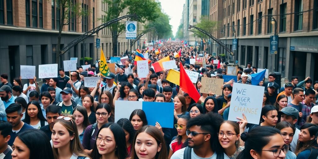 A large crowd of students marching together.