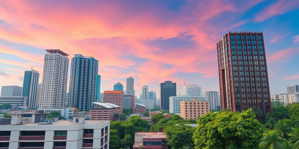 Manila skyline with modern buildings and lush greenery.