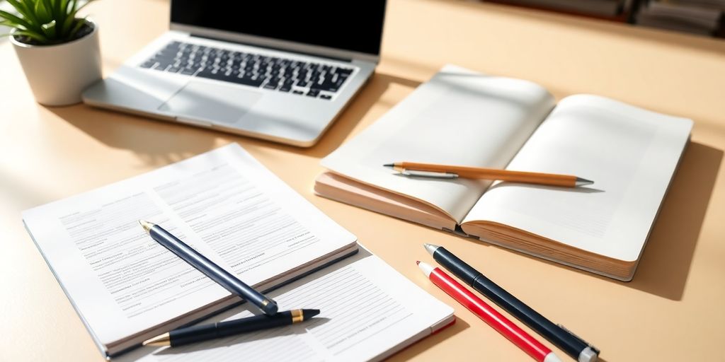 Espaço de trabalho organizado com laptop e cadernos.