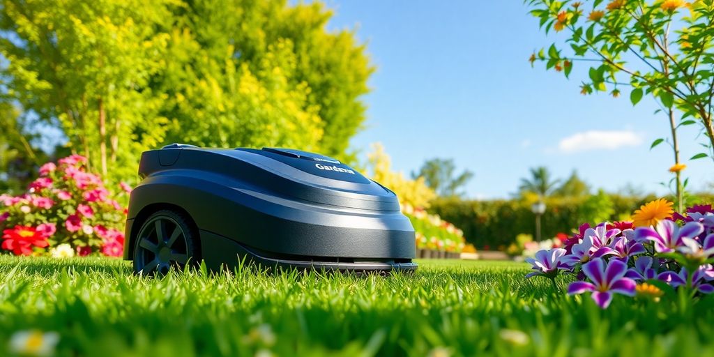 En Gardena robotgräsklippare klipper gräset i trädgården.