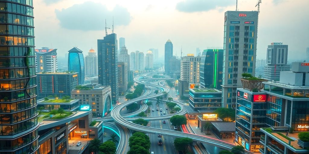 Futuristic cityscape with modern architecture and greenery.