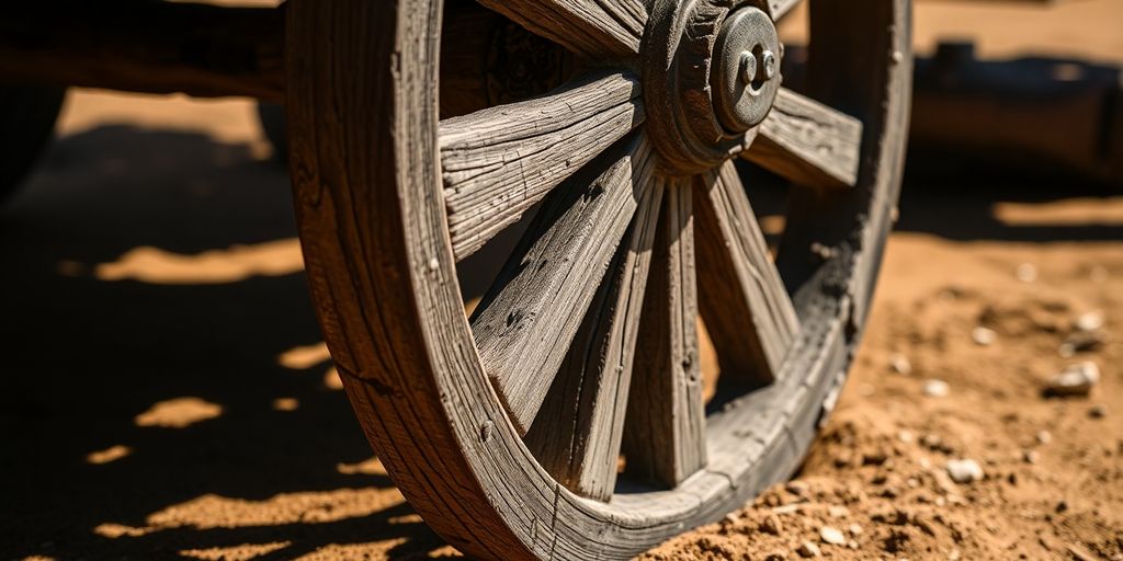 Ancient wooden wheel, weathered and worn, resting on dirt.