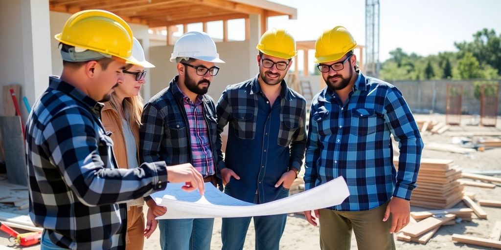 Construction team reviewing blueprints on a job site.
