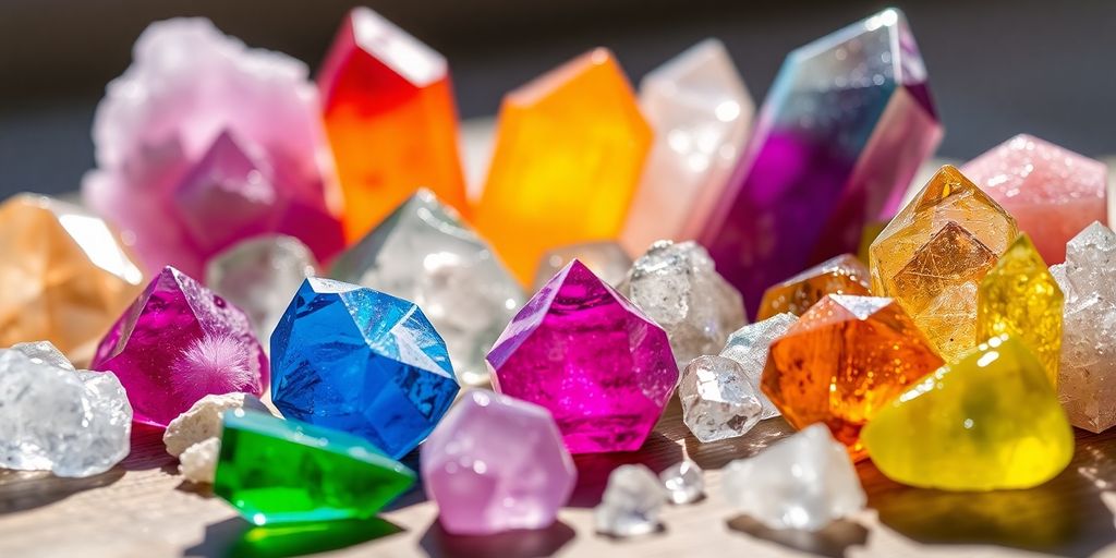 Varie cristalli colorati su una superficie di legno.